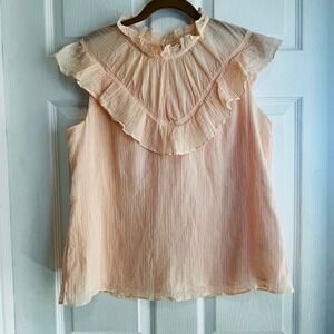 Women's Peach Textured Mock Neck Ruffle Cap Sleeve Top Blouse Large Romantic